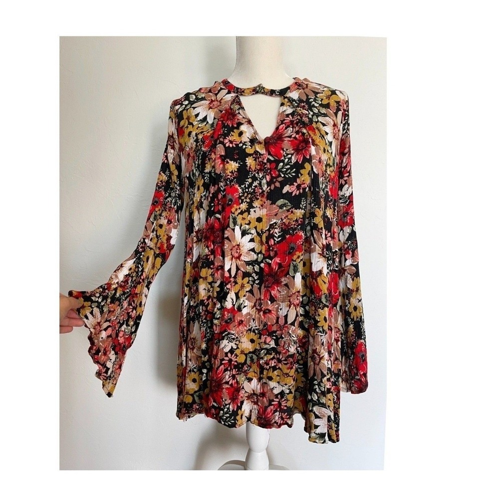 Umgee Swing Mini Tunic Dress Oversized Floral Flare Sleeve Summer Flowy Boho S